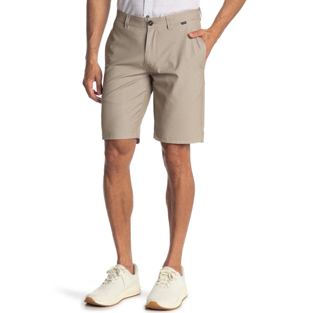 Travis Matthew Khaki Tan Loreto Stripe Stretch Hybrid Golf Athletic Shorts NWTs